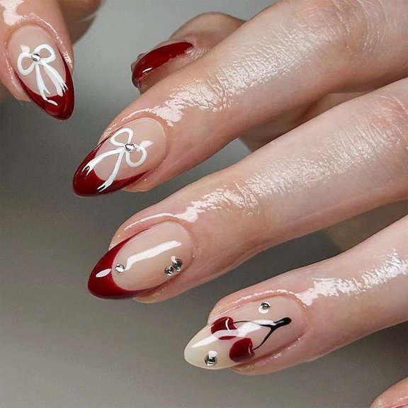 Valentine's Day Press on Nail Short Almond Stick on Nail False Nial with Bows Designs French Tip Nail Accesories