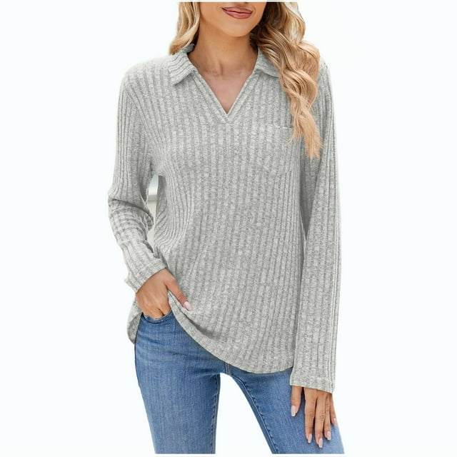 Timegard Womens Tops Ribbed Lapel V-Neck Long Sleeve Pullover Dressy Casual Loose Long Tops Fall Winter