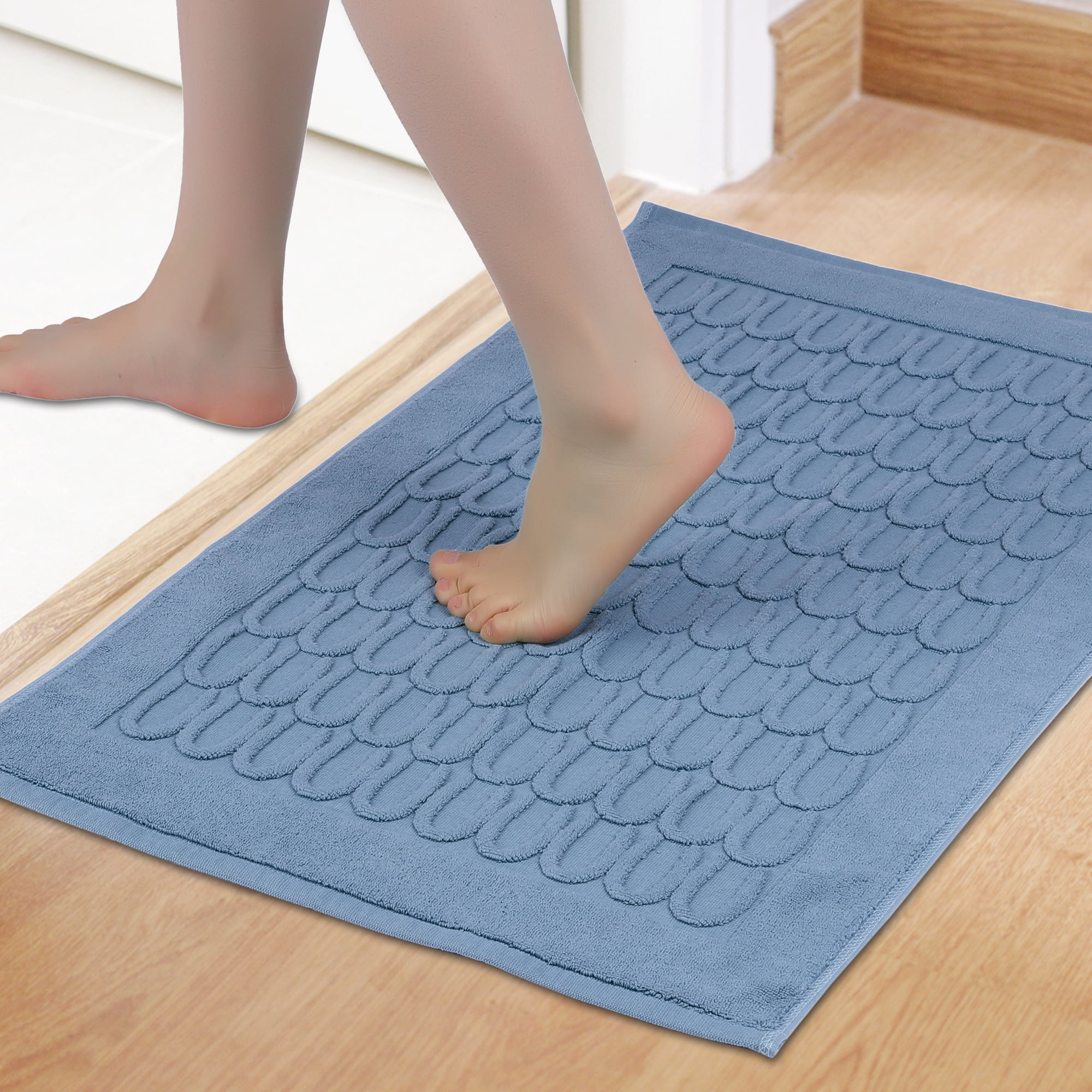Unique Bargains Washable Textured Cotton Bath Rug Water Absorbent Mat Blue 20" x 32"