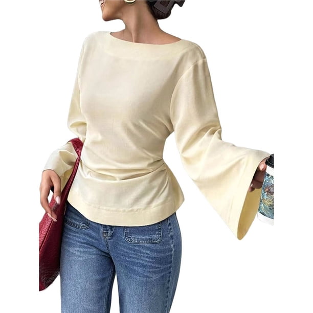 Camisas de Larga para Mujer, Tops Cortos de Otoño, Cuello , Mangas Acampanadas, Acanalados, con Cordones, Ropa Y2K Amarillo L