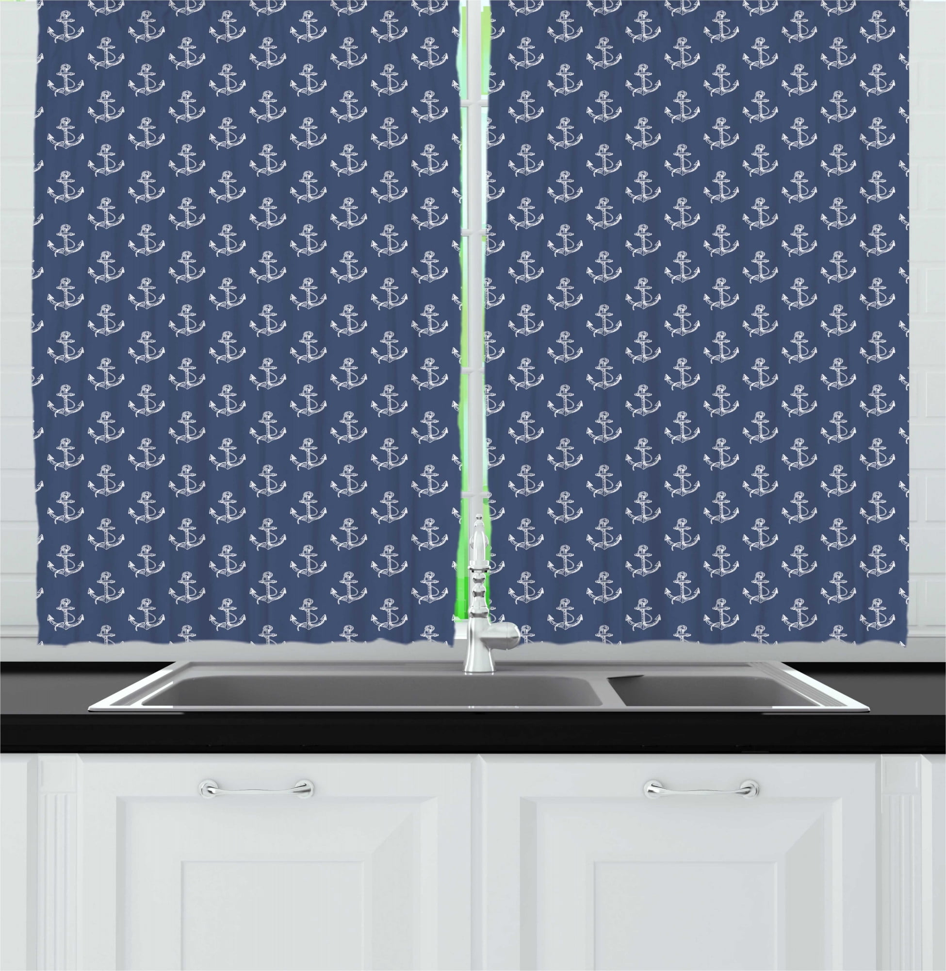 Nautical Kitchen Curtains, Continuous Pattern of Ship Anchor Silhouettes Marine Striped Design