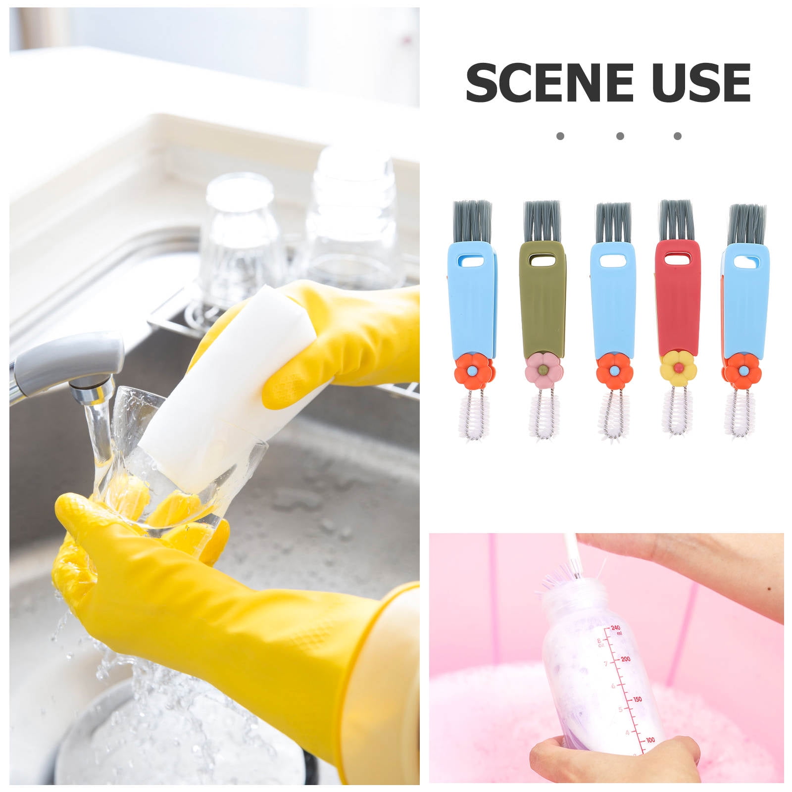 OUNONA 5-Piece Silicone Cup Lid Brush Set with High-Density Bristles for Kitchen, Drinkware, Bottle Cleaning and Multi-Purpose Use