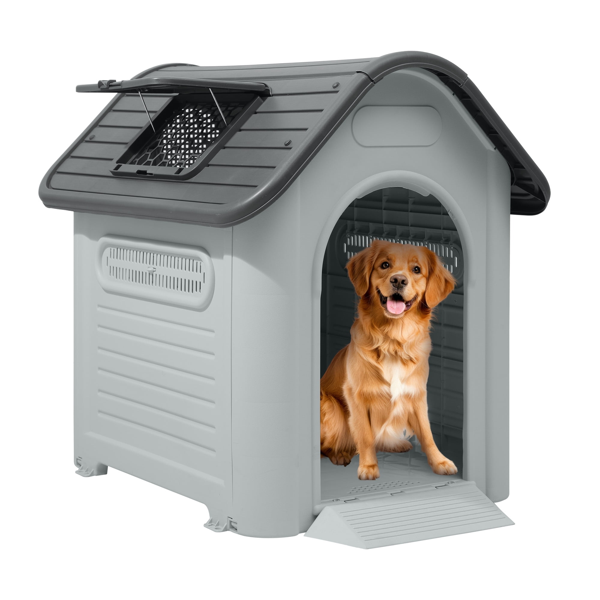 Uforic Extra-Large Waterproof Plastic Dog House with Adjustable Skylight and Elevated Floor, Outdoor Indoor Doghouse Puppy Shelter,Gray,39.4''Lx 33.5''Wx 37.8''H