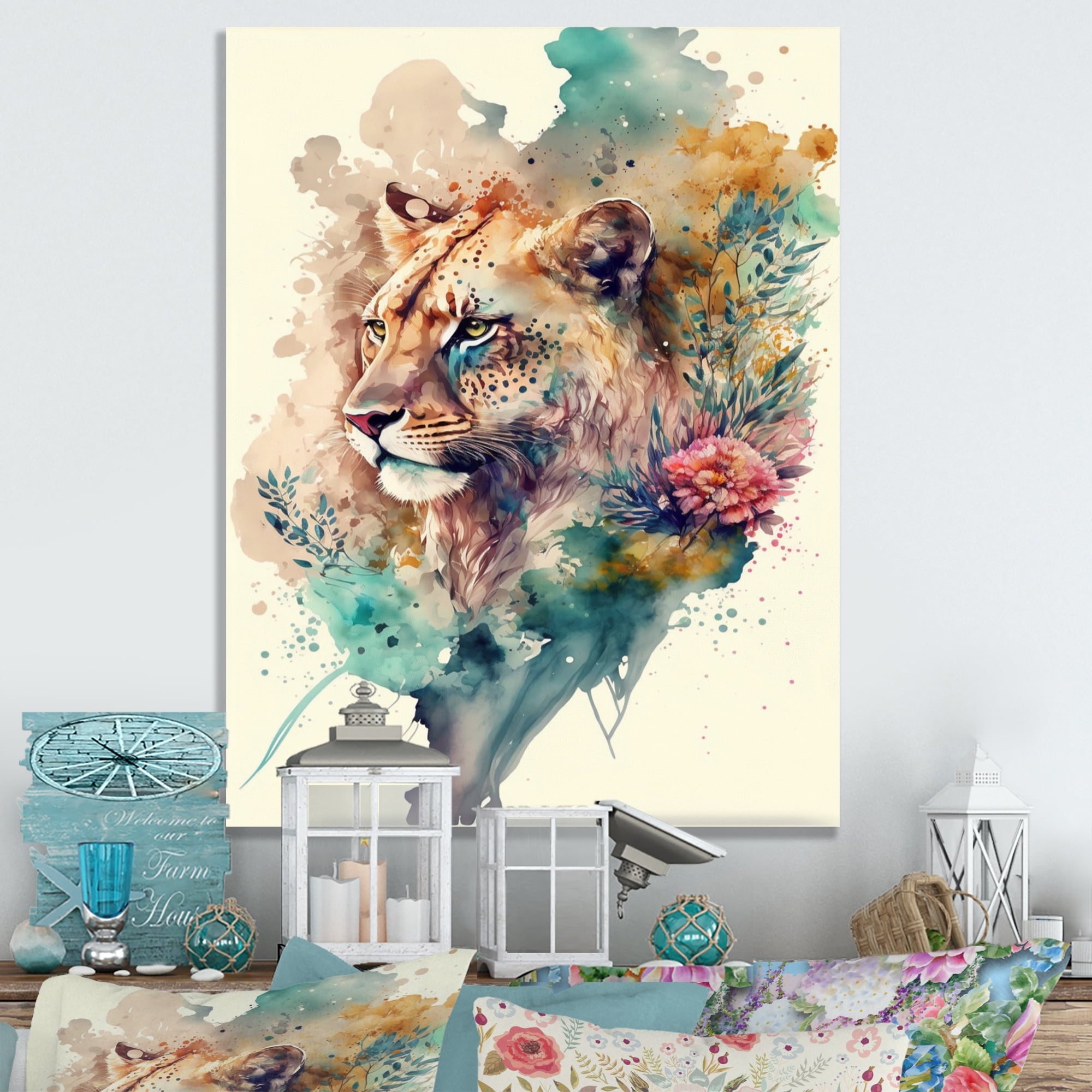 Designart Cute Lions Floral Art II Canvas Wall Art