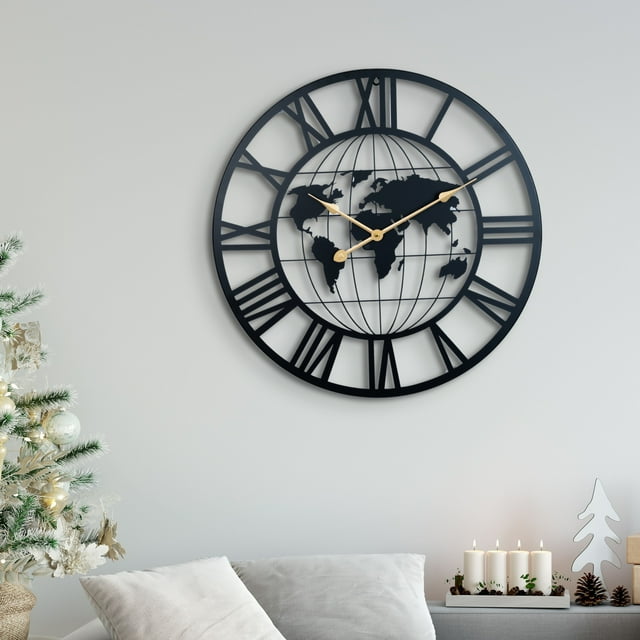 Accent Collection Round Metal Wall Clock, Black Embedded World Map, 24" Silent Roman Numeral Decorative Clock, Home Office Decor