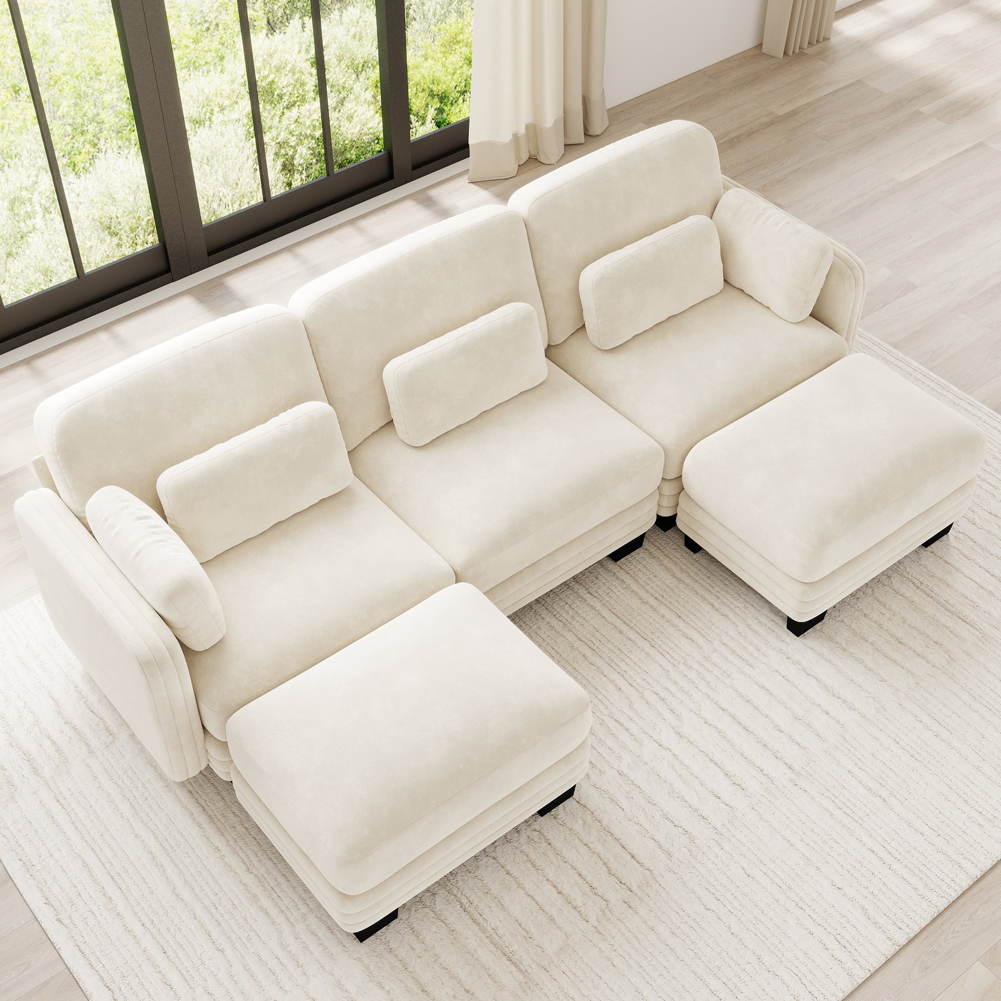 100" U-shaped Tufted Modern Modular Sectional 3 Seater Sofa Couch with 2 Ottomans and 5 Pillows
