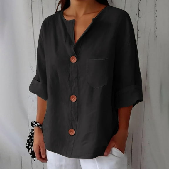 Black Womens Blouses Linen Shirts for Women Summer 2025 Trendy V Neck 3/4 Sleeve Top Loose Vacation Beach Solid Blouses Tunic Tops Ladies Tops and Blouses