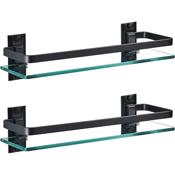 2  Bathroom Glass Shelf, Tempered Glass 0.34in Extra Thick Rectangular 1 Tier Storage Organizer Wall Mount,Black 15.7in