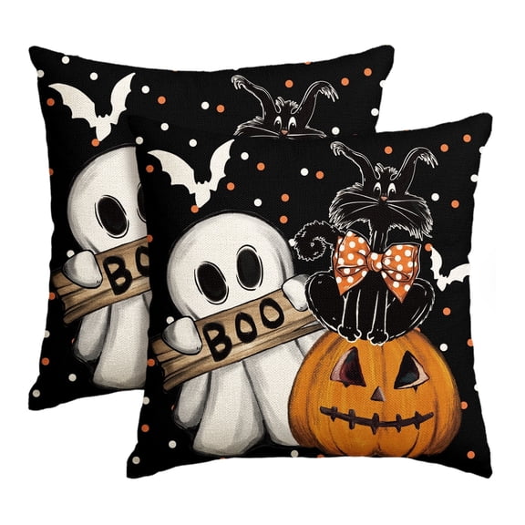 Sm:)e Boo Ghost Pumpkin Lantern Bat Cat Halloween Pillow Covers 18x18 Inch Set of 2, Cushion Covers for Sofa Home Decor