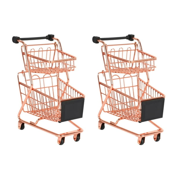 2X Mini Modelo Carrito de Compras de Doble Capa Carro de Supermercado de Hierro Forjado Cesta de Almacenamiento Oro Rosa de Metal Oro Rosa