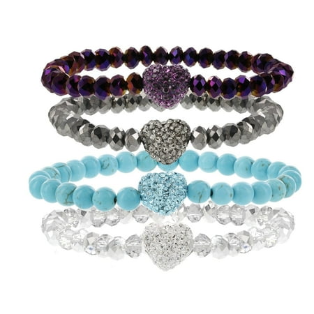 Gunmetal Heart - H Star Stackable Crystal Heart Glass Beaded Stretch Bracelets - Gunmetal