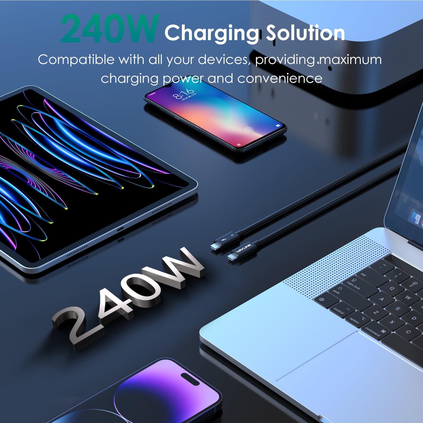 WAVLINK Thunderbolt 5 Cable, 120Gbps Fast Data Transfer and 240W Power Delivery USB-C Cable, 8K/16K Display Support, Backwards Compatible TB4/3/USB4/3, Ideal for Gaming, Laptops, Monitors and Docks
