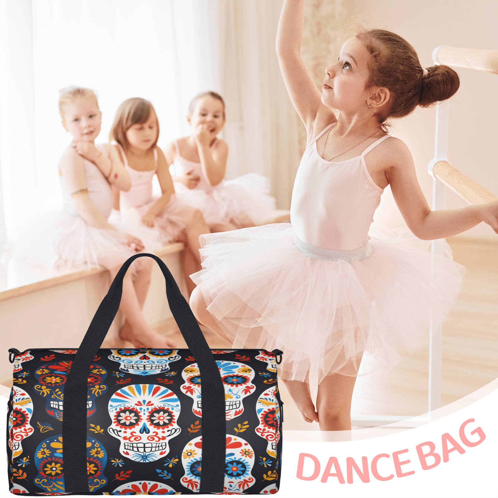 Herdesigns Skull Floral Travel Duffle Bag Sports Yoga Weekender Overnight Carry on Workout Bags Lightweight Waterproof Gym Tote Bag for Women Sugar Skull