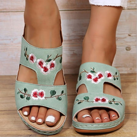

Back to College Tejiojio Clearance Sandals Ladies Wedge Heel Embroidery Flower Womens Shoes