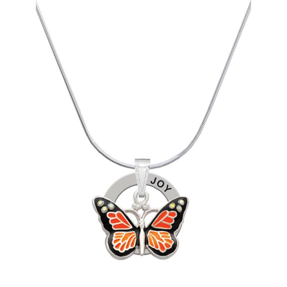 Delight Jewelry Silvertone Large Monarch Butterfly with 6 AB Crystals Joy Ring Charm Necklace, 18"