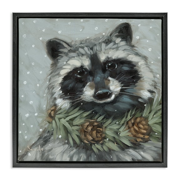 Stupell Industries Raccoon with Pinecones Holiday Painting Black Floater Framed Canvas Art Prints Wall Art, 18 x 18