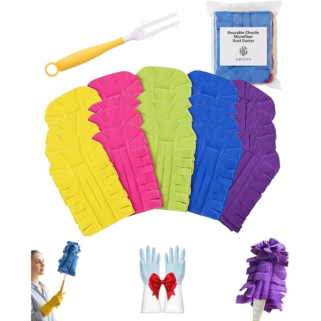 Reusable Chenille Microfiber Dust Duster, 2026 New Damp Dusters Replacement Heads Washable with Handle for Cleaning, Flat Multi Surface Pads Tools for Home Car and Furniture