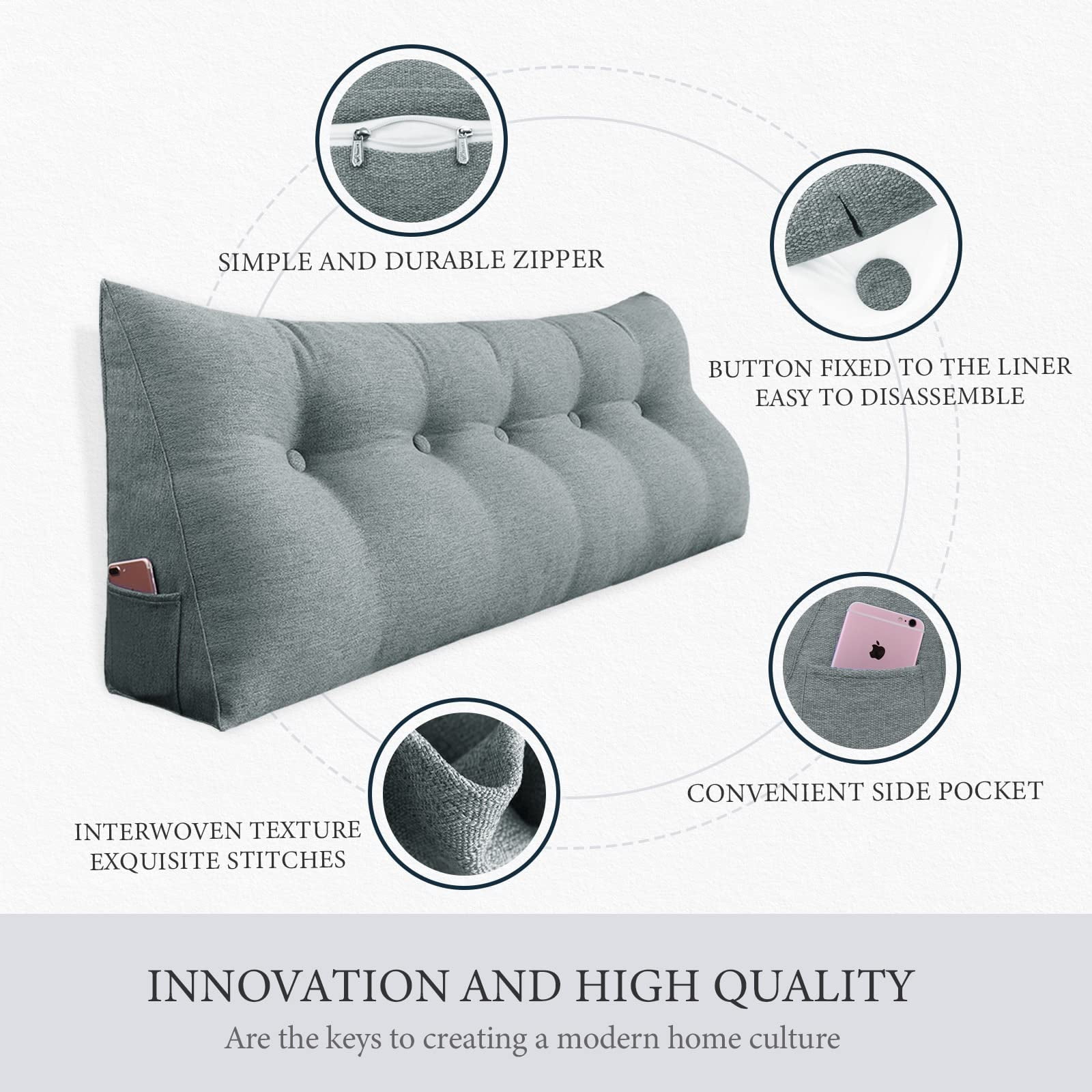 Daybed Triangle Wedge Pillow Queen Size, Headboard Bolster for Back Support, Large Reading Cushion, Sitting Up Pillow, XXL Sofa Rest, Linen Gray