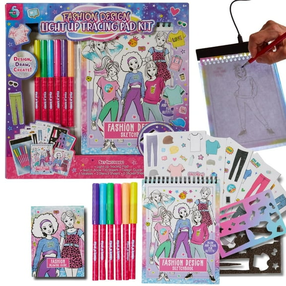 Create N’ Style Fashion Design Light Up Tracing Pad Kit, Kids Coloring Art Activity Set with Stickers and Stencils