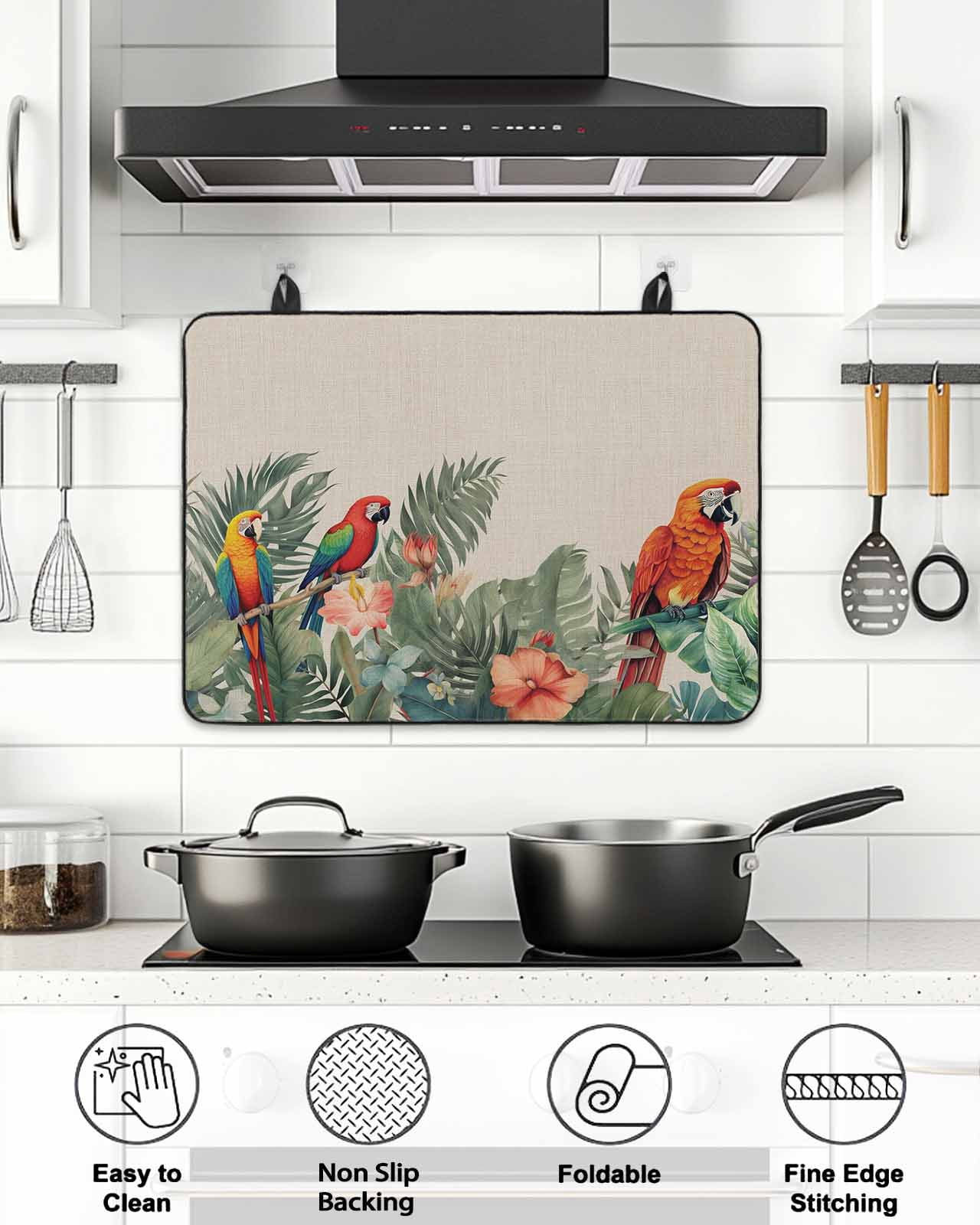 Stove Top Covers for Electric Stove, Summer Botanical Glass Stovetop Cover Protector, Tropical Plants Birds Farmhouse Induction Cooktop Protector Oven Mat for Kitchen Countertop 24"x21"