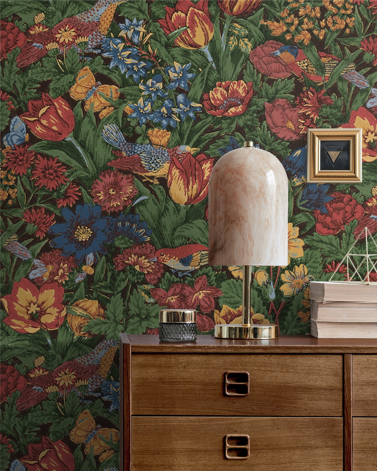 NextWall  Bird Floral Peel and Stick Wallpaper 20.5 in. W x 18 ft. L - Carmine & Blue Lagoon