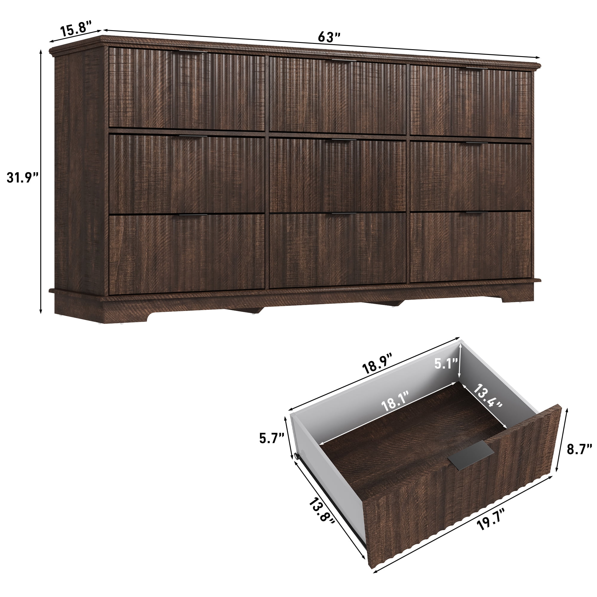 ChVans Farmhouse 9 Drawers Dresser with Power Outlets, 63'' Wide Wood Chest of Drawers w/Fluted Texture, Deep Drawer Dresser Storage Organizer for Bedroom, Living Room, Entryway, Hallway, Brown