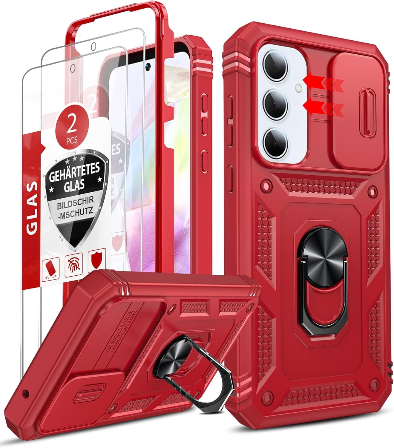RGHJAR-Compatible for Samsung Galaxy A35-5G Case: Galaxy A35 5G Phone Case with Screen Protector X2, Camera Cover & Magnetic Satnd, Full Body Protection Cell Android Funda para Samsung A 35 5G, Red