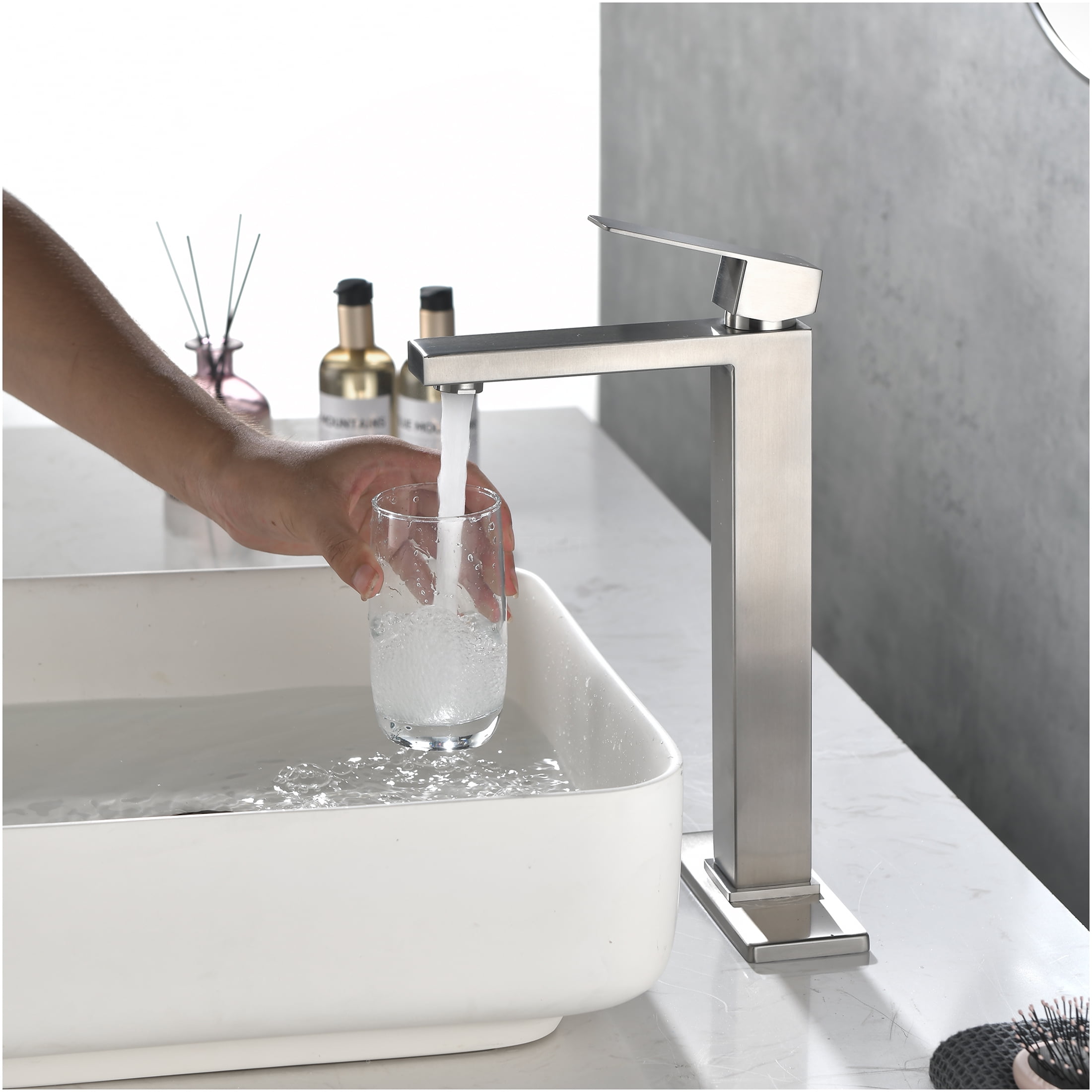 JERFIT Single Handle Bathroom Faucet Brushed Nickel, 1-Hole Vessel Sink Faucet with Pop-Up Drain Assembly, Anti-Splash Aerator, Stainless Steel Vanity Faucet for Bathroom Sink