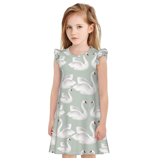 Fotbe White Birds Vestido de Dormir para Niñas de 3 a 10 Años, Mangas Cortas, Estilo Princesa, Pijama Camisón con Mangas Voladas-Large