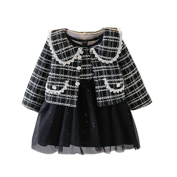 Odeerbi Girls Dress Baby Girls Clothes Toddler Kids Plaid Skirt Set 2025 Long Sleeve Jacket Coat Top Party Dresses Black