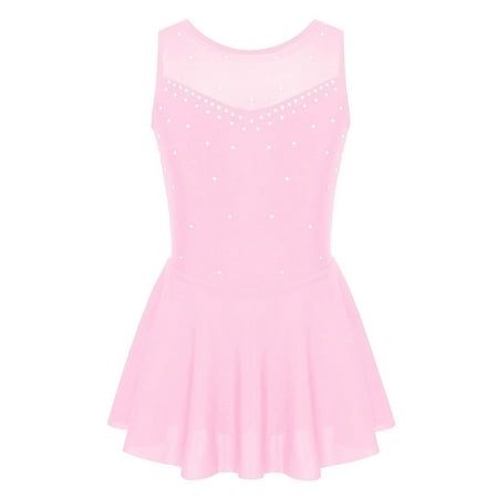 Aiihoo Kids Girls Sleeveless Shiny Rhinestone Ballet Leotard Dress Tulle Lyrical Dance Ice Skating Athletic Dress Pink 6