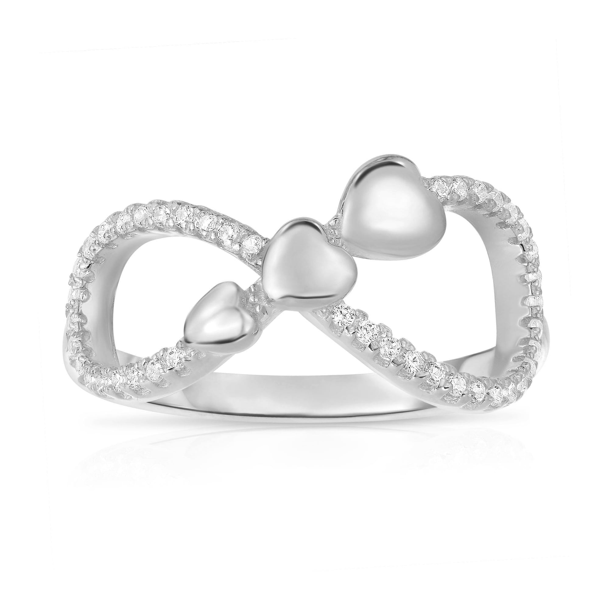 Tilo Jewelry 925 Sterling Silver Infinity Triple Heart Dainty Band Ring with Cubic Zirconia CZ Stones | Size 8 | Women & Unisex