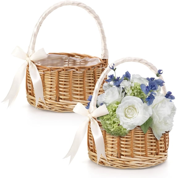 2 Pack Flower Girl Basket, Handmade Wicker Rattan Basket with Handle Silk Ribbon, Decorative Eggs Candy for Gifts, Wedding, Camping, Home Decor