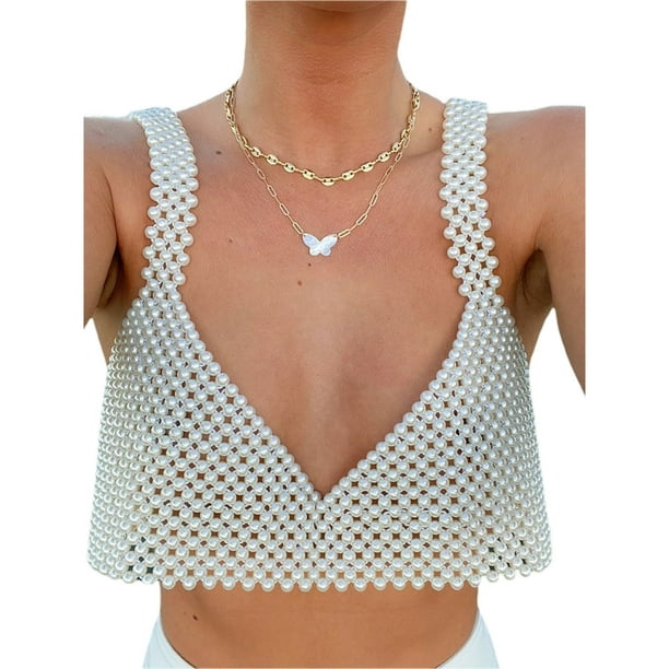 Fortune Women Pearls Beaded Crop Top Spaghetti Strap Bra Cover up Hollow  Out Tank Top 