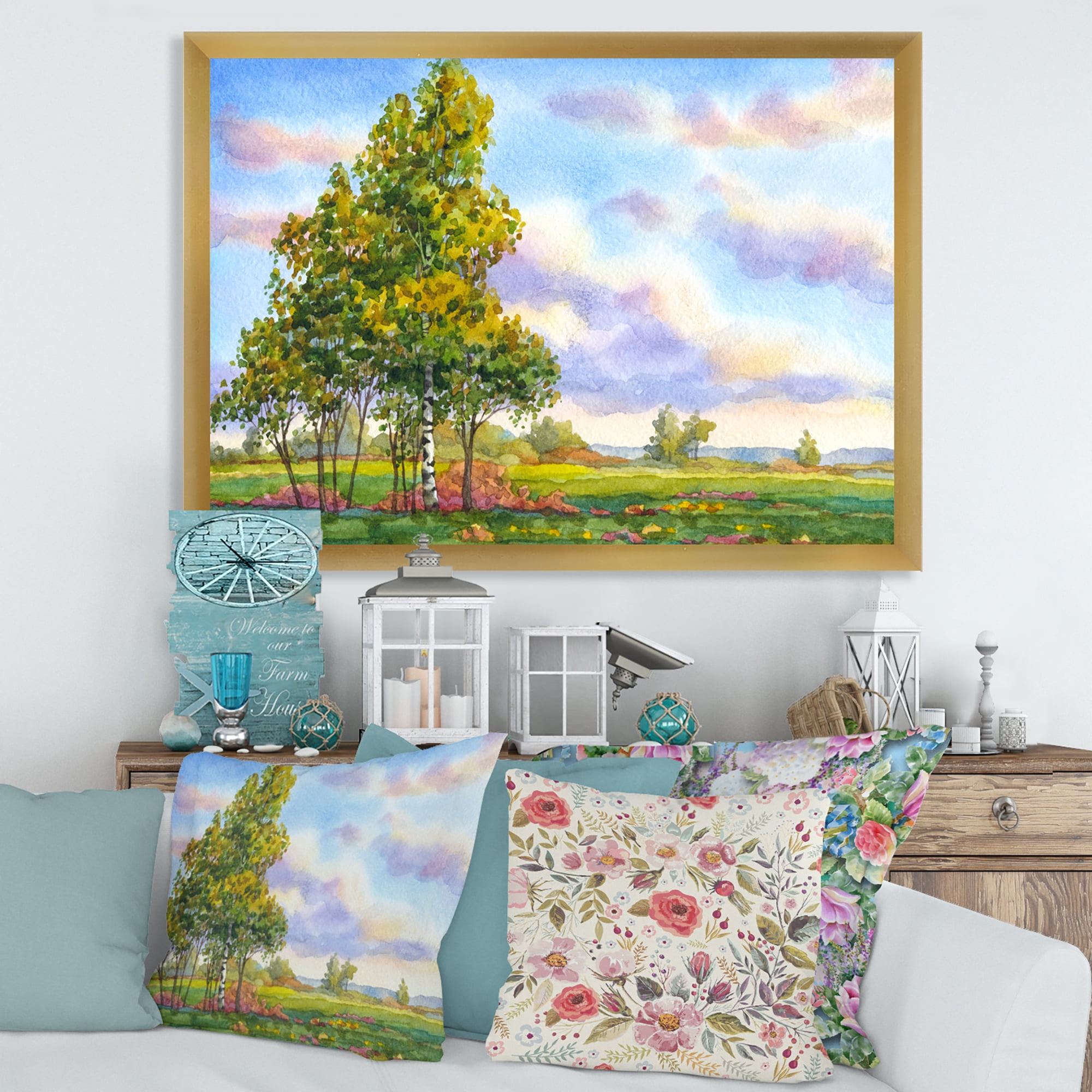 Designart 'The Trees In The Evening Landscape Field ' Traditional Framed Art Print