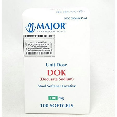Major Pharmaceuticals DOK Stool Softener Laxative Softgels, 100 Count (2 Pack)
