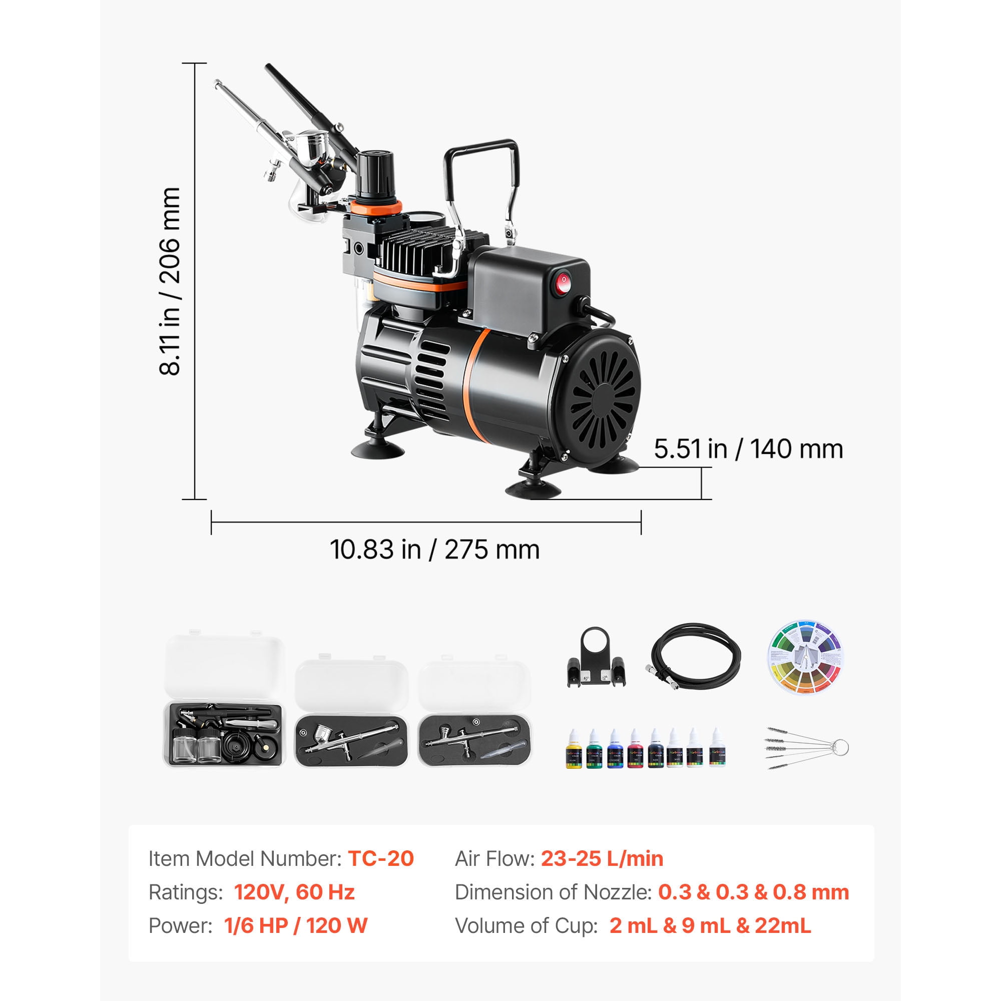KFFKFF Airbrush Kit with 1/6 HP Compressor, Includes 3 Dual-Action Airbrushes, 3 Nozzles, Hose, Acrylic Paint, Dual Fans, Quiet Operation, Ideal for Cake Decorating, Model Painting, and Nail Art