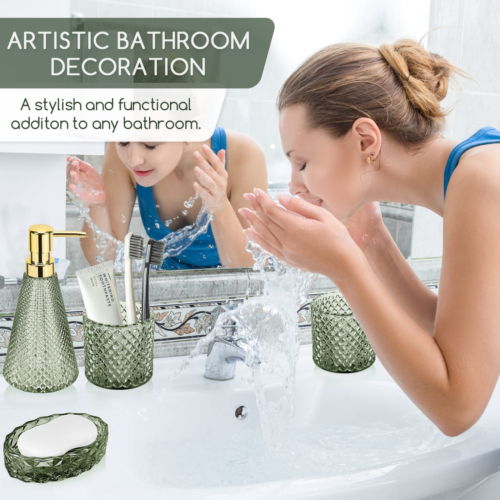 FOUNDLDF 5Pcs Clear Glass Bathroom Accessories, Bathroom Accessories Set with Lotion Soap Dispenser, Soap Dish, Tumbler, Cotton Swab Jars, Green
