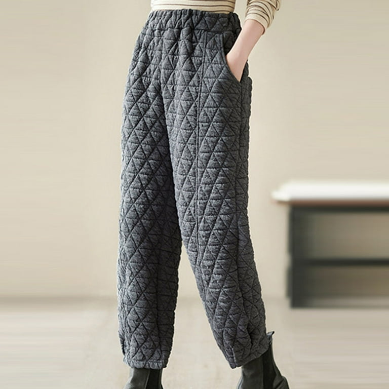Women's Pants Wide Leg High Waisted Diamond Checked Cotton Quilted Pants  Winter Casual Solid Color Warm Loose Trousers