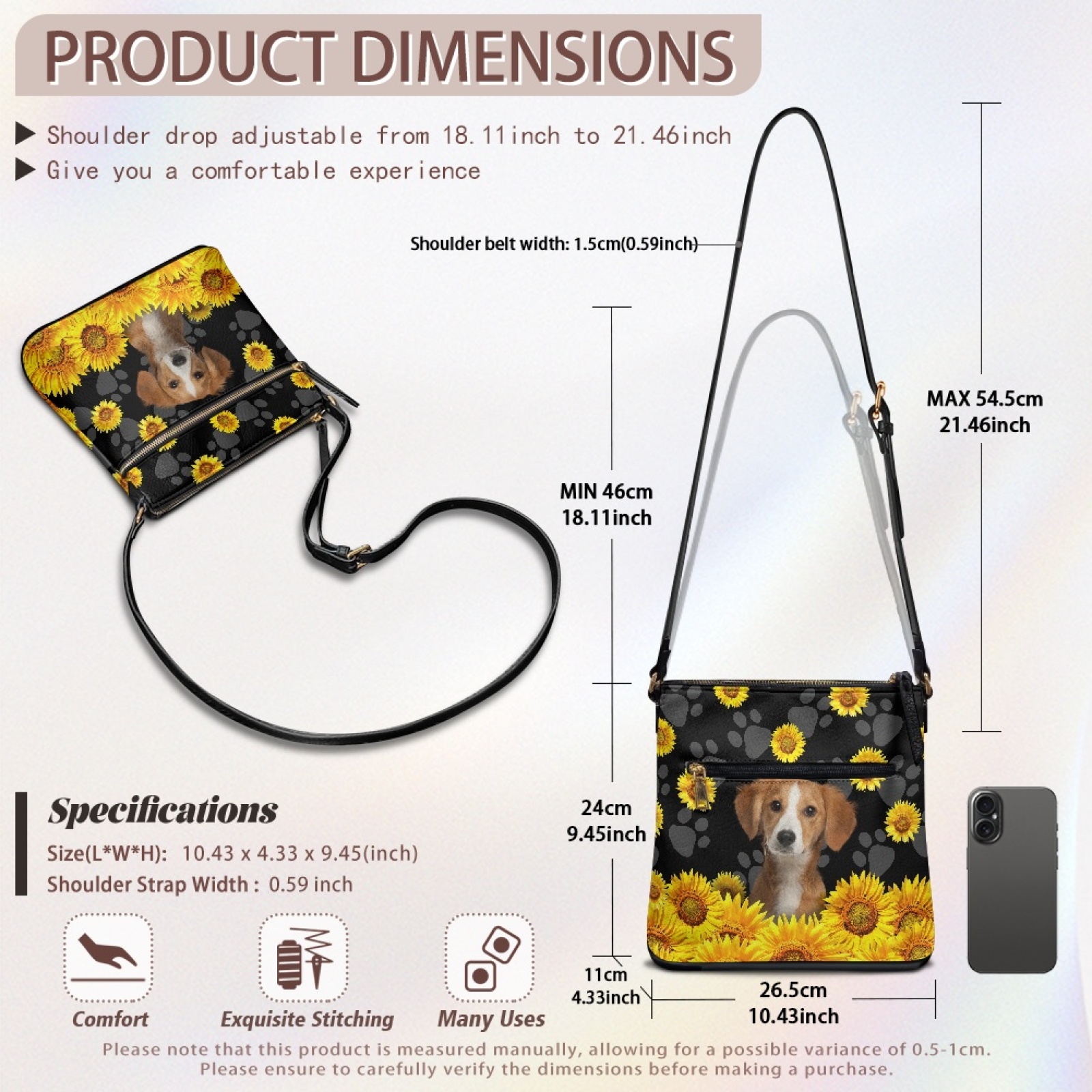 LedBack Dachshund Print Leather Satchel Purse for Women, Portable Crossbody Handbag Purse Shoulder Bag with Adjustable Strap, Medium Size Hobo Handbag with Zipper Pockets, Black
