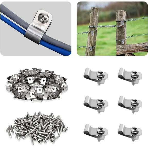 Fence Wire Clamps,Tutuviw 100 Pcs Stainless Steel Wire Fence Clamps,Fencing Mounting Clips with 100 Pcs Screws,Cattle Panel Clamps for 12-16 Gauge Welded Wire to Wood,Metal or Vinyl Fence