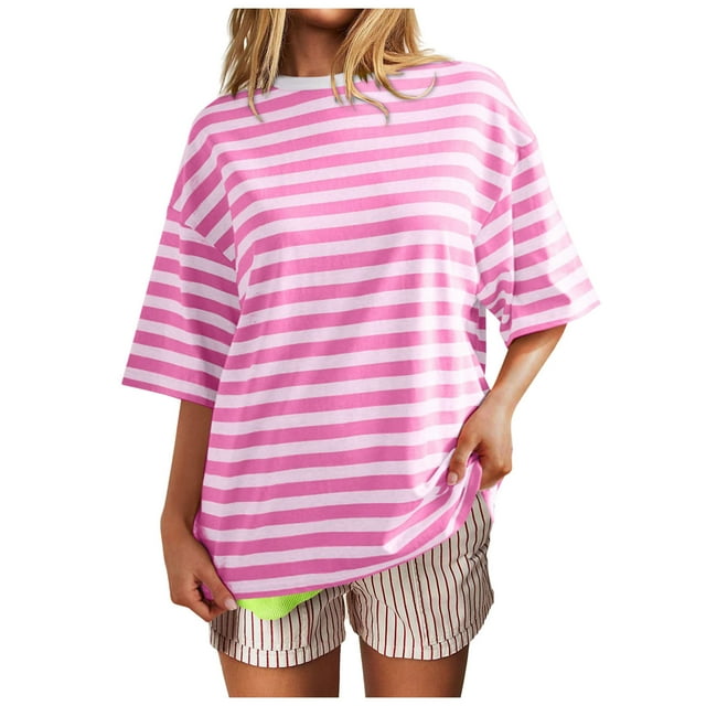 Women Oversized Striped Short Sleeve T Shirts Color Block Crew Neck Basic Shirt Casual Summer Tee Tops