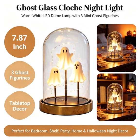 Halloween Decorations for Bedroom - Cute Ghost Decor Glass Cloche Night Light - Spooks Warm White LED Dome Lamp with 3 Mini Ghost Figurines, 7.87 Inch Tabletop House Living Room Decor Home