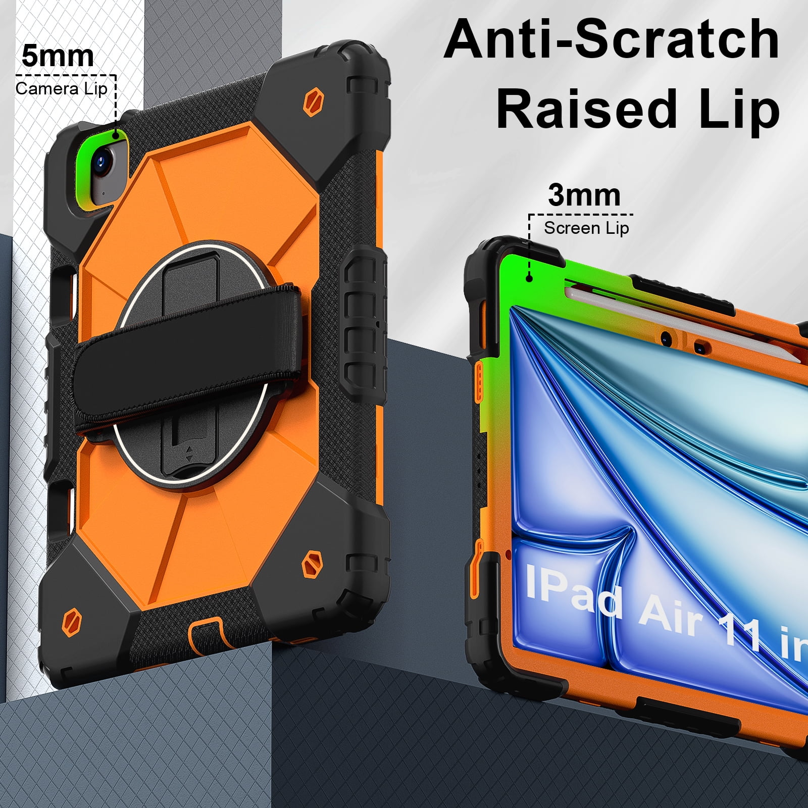 for iPad Air 13 inch (M2) 2024 Case, Military Grade Heavy Duty Silicone Protection Cover with Pencil Holder + 360 Rotating Stand + Wrist Handle Rugged Cover for iPad Air 13" 2024, Black+Orange