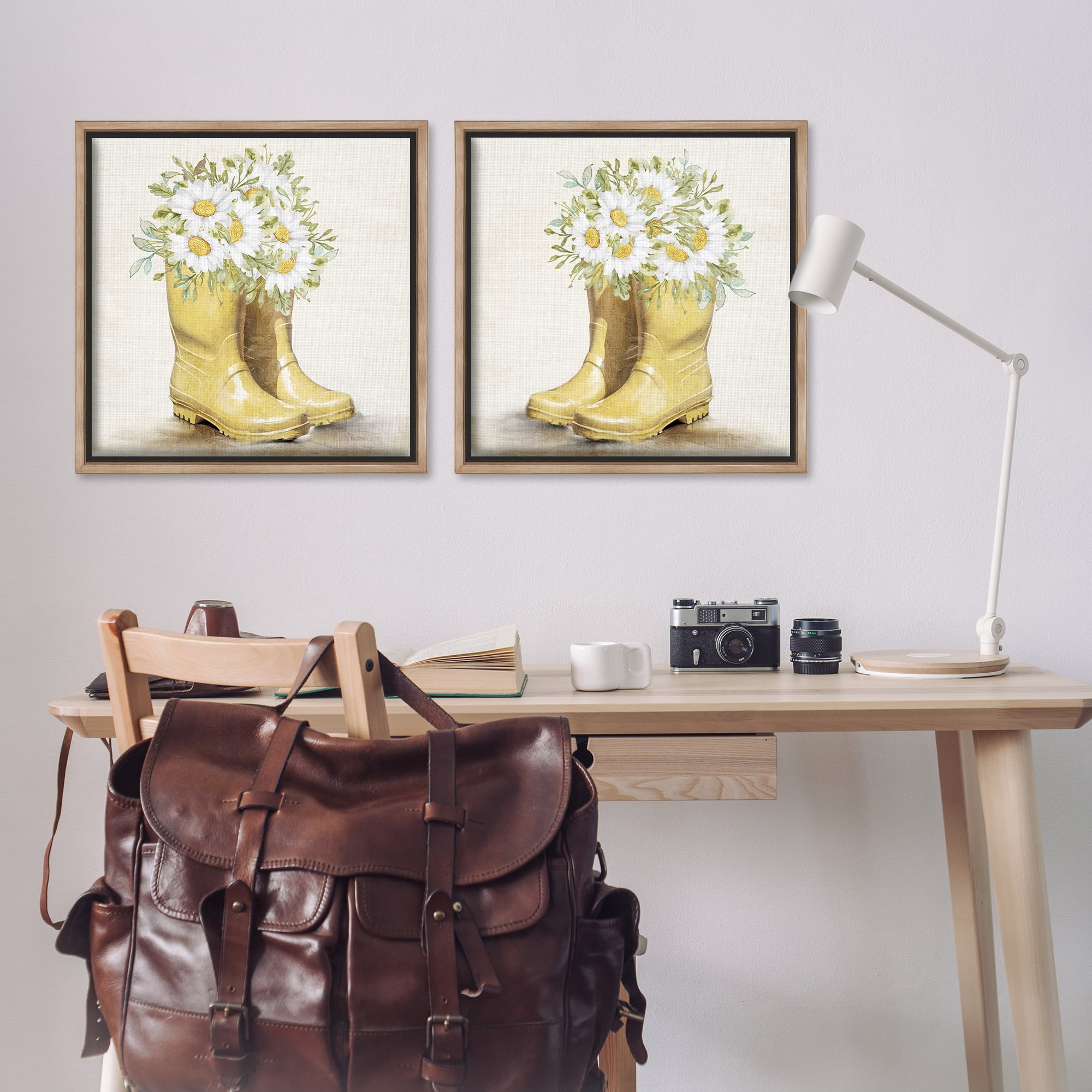 Stupell Industries Yellow Garden Boots Daisies Plants & Flowers Painting Brown Floater Framed Canvas Art Print Wall Art, 25 x 25, Set of 2