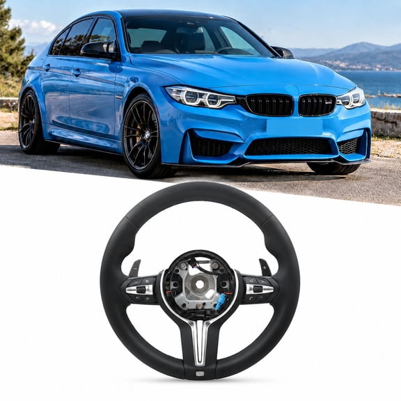 HuaGuan New M Steering Wheel,14.57 in Leather Steering Wheel; Fit For BMW F30 F31 F32 F33 F34 F36 F44 2 3 4 Series US,Black