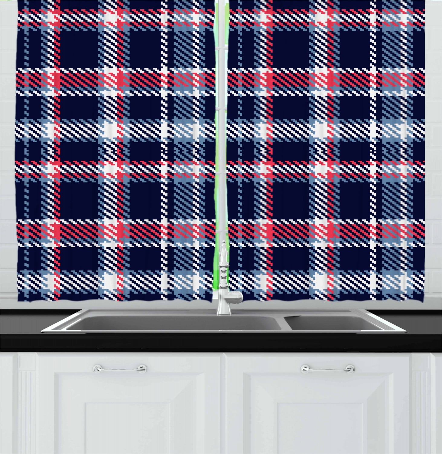 Checkered Curtains 2 Panels Set, Retro Plaid Pattern Geometrical Pixelated Seem Mosaic Design, Window Drapes for Living Room Bedroom, 55W X 39L Inches, Indigo Dark Coral Pale Blue, by Ambesonne