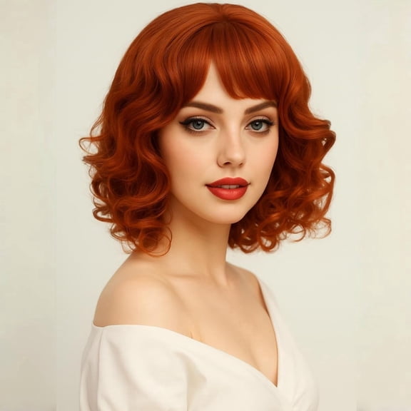 Short Curly Natural Red Orange Wig with Bangs for Women
