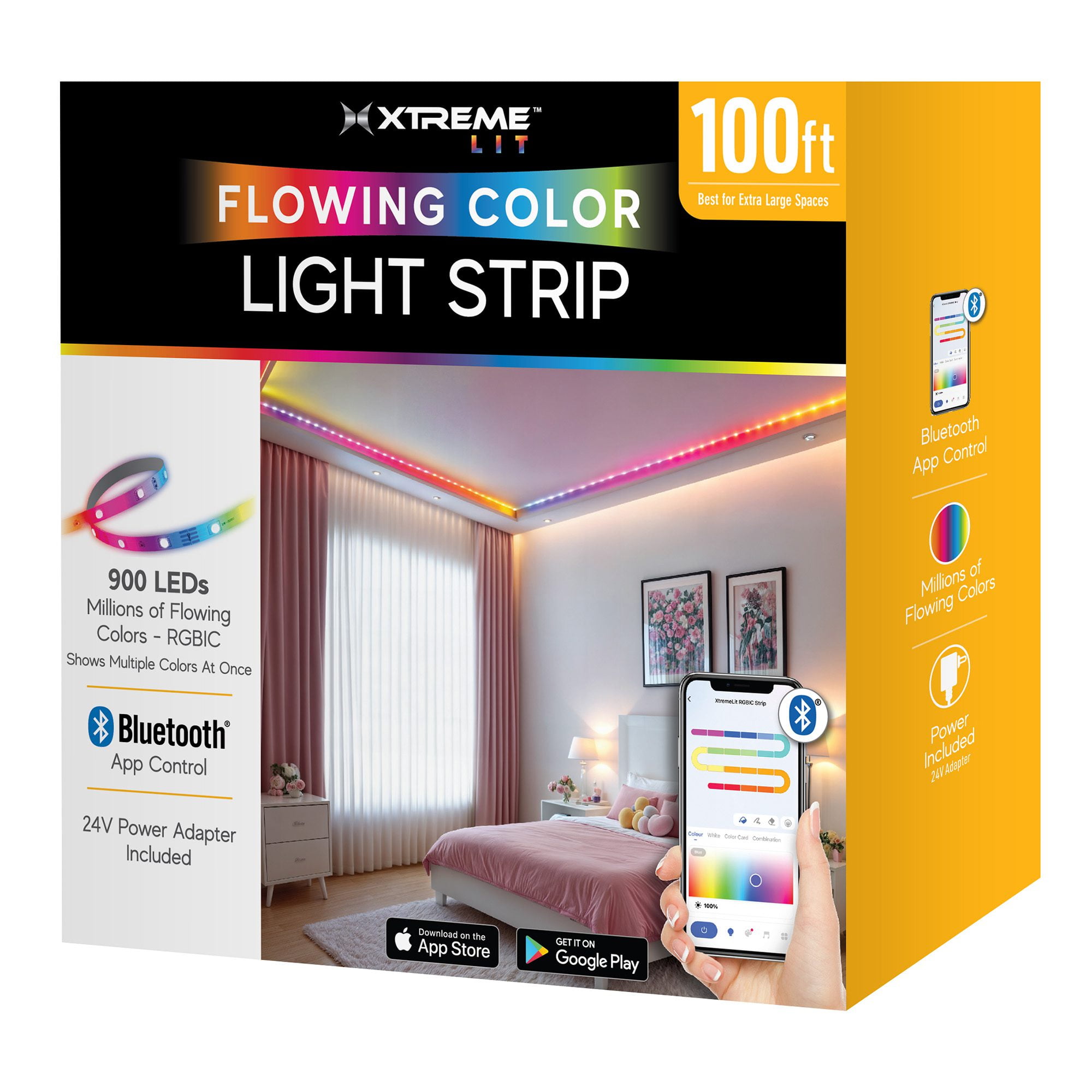 (2 pack) Xtreme Lit 100ft LED Strip Lights, Multicolor Flow LED Lights for Bedroom, Bluetooth App Control
