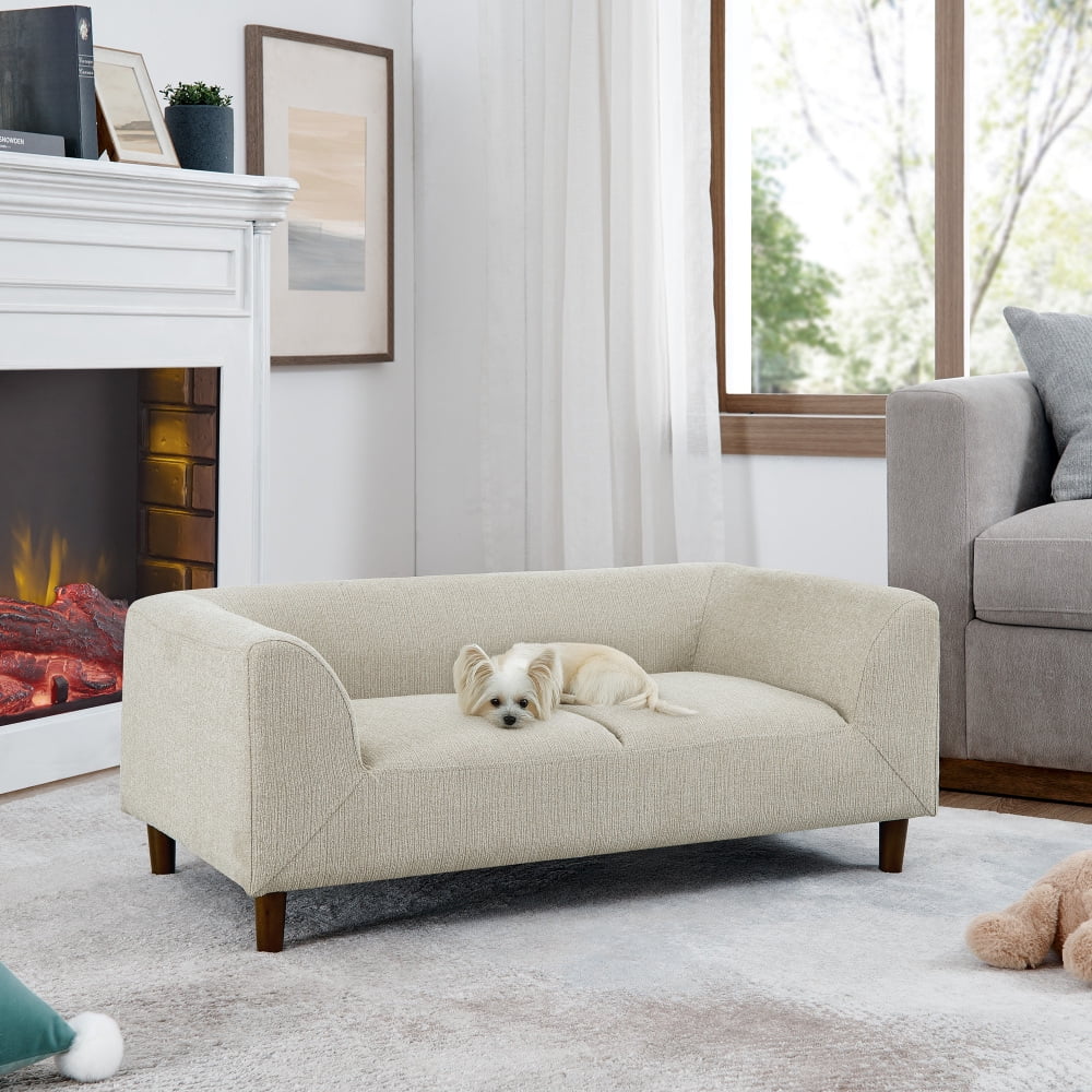 Hassch Upholstered Pet Sofa Bed for Medium & Large Dogs, Comfortable Pet Furniture with Soft Cushion, Backrest and Armrest, Short Legs Design, Beige Linen